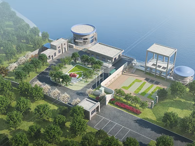 Industrial Factory Building With Modern Circular Roof Green Landscaping And Parking Lot 3d model