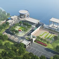 Industrial Factory Building With Modern Circular Roof Green Landscaping And Parking Lot