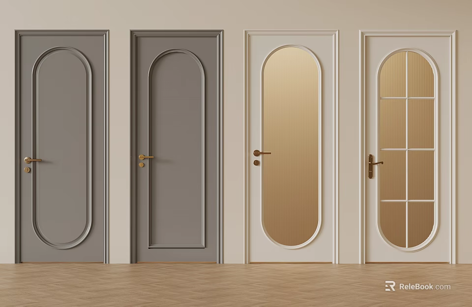 Modern Interior Doors Featuring Arched Mirrored And Grid Paned Designs In Neutral Tones 3d model
