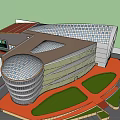 Modern Commercial Complex With Curved Glass Facade Parking Lot And Multiple Cars