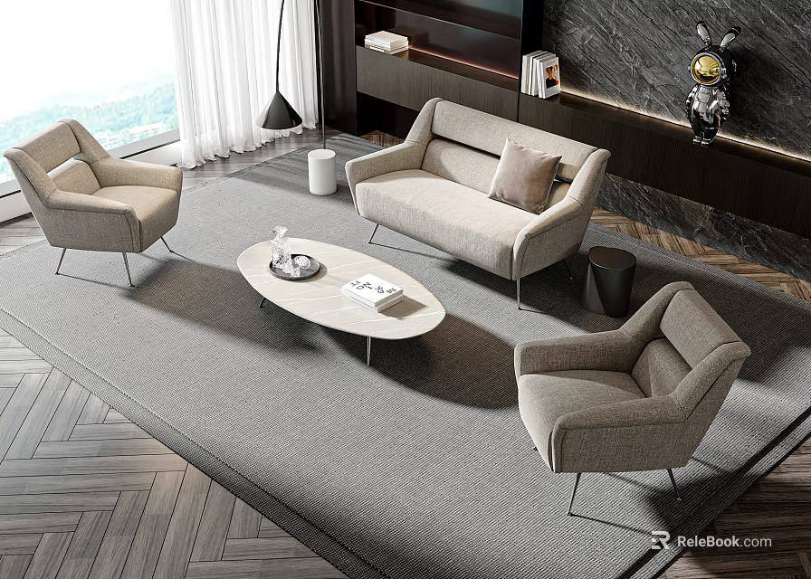 Modern Light Gray Fabric Sofa Coffee Table Set With Rug Floor Lamp And Decor 3d model 