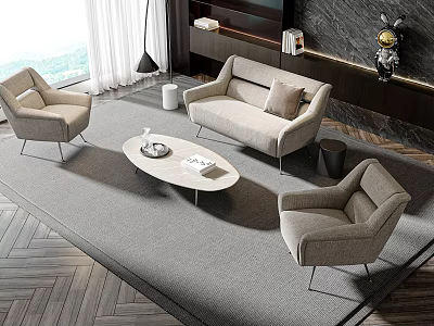 Modern Light Gray Fabric Sofa Coffee Table Set With Rug Floor Lamp And Decor 3d model