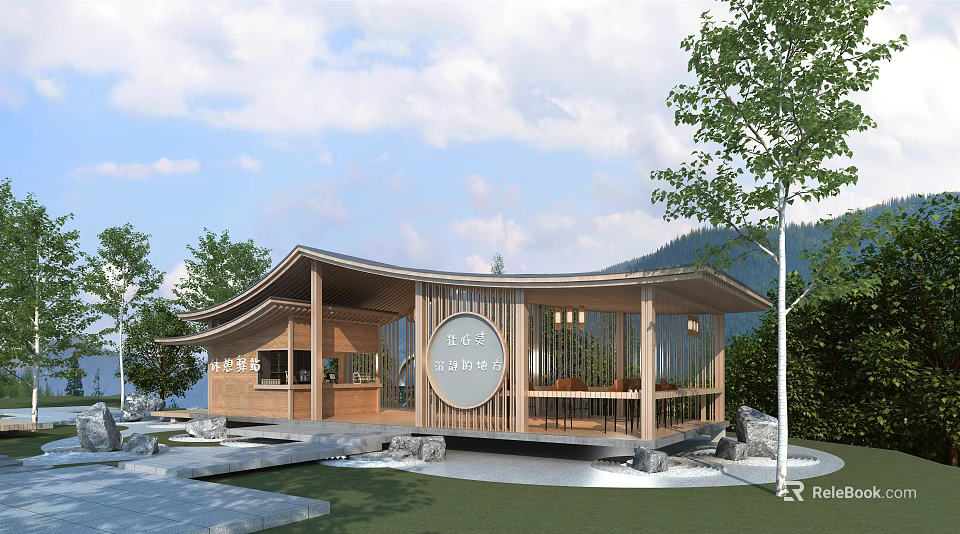 Wooden Architectural Structure With Curved Roof Glass Curtain Walls And Stone Base 3d model 