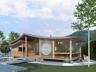 Wooden Architectural Structure With Curved Roof Glass Curtain Walls And Stone Base 3d model
