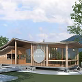 Wooden Architectural Structure With Curved Roof Glass Curtain Walls And Stone Base