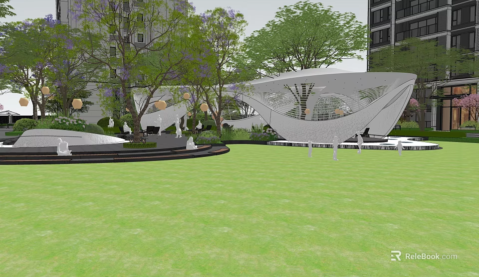 Modern Garden Landscape With Green Lawn Trees And Shade Structure Seating Area 3d model 