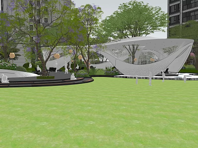 Modern Garden Landscape With Green Lawn Trees And Shade Structure Seating Area 3d model