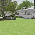 Modern Garden Landscape With Green Lawn Trees And Shade Structure Seating Area