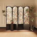 Traditional Decorative Screen With Intricate Floral Bird Patterns And Potted Plants