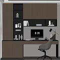 Modern Home Office Workspace With Wooden Desk Bookshelf Monitor And Chair