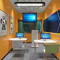 School Modern Classroom With Yellow Walls Multiple Computers Desks And Whiteboard 3d model