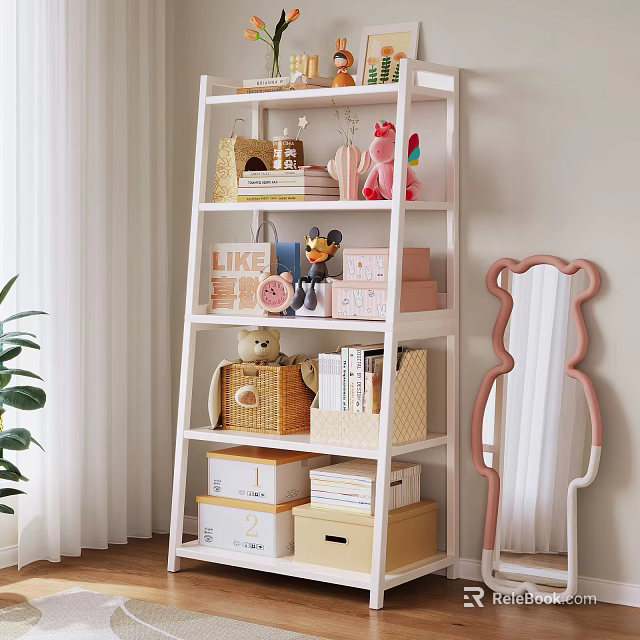 White Storage Shelf Featuring Toys Books Baskets and Pink Mirror with Curtain and Plant 3d model 