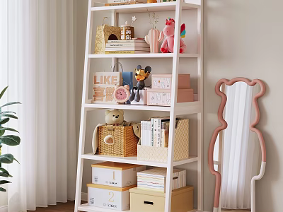 White Storage Shelf Featuring Toys Books Baskets and Pink Mirror with Curtain and Plant 3d model