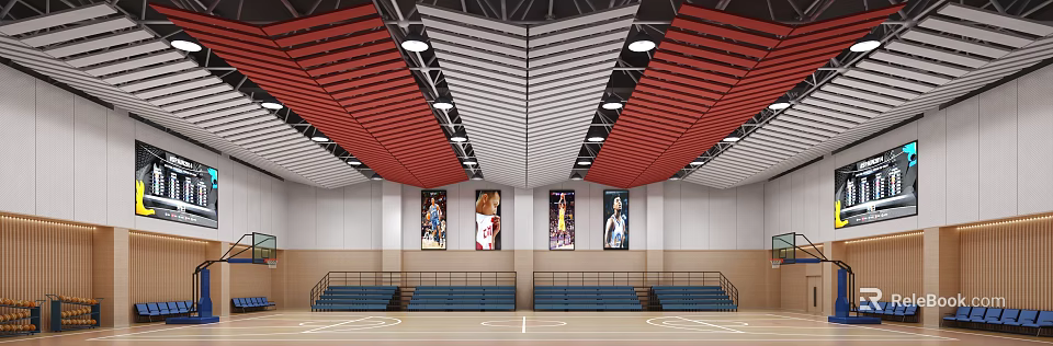 Basketball Gymnasium with Red and White Striped Ceiling Basketball Player Posters and Blue Spectator Seats 3d model 