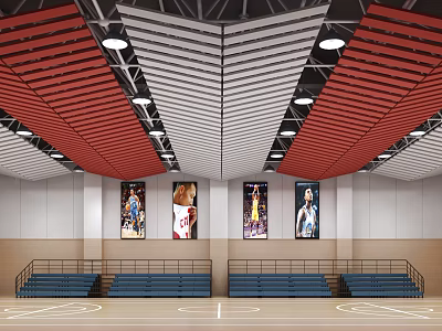 Basketball Gymnasium with Red and White Striped Ceiling Basketball Player Posters and Blue Spectator Seats 3d model