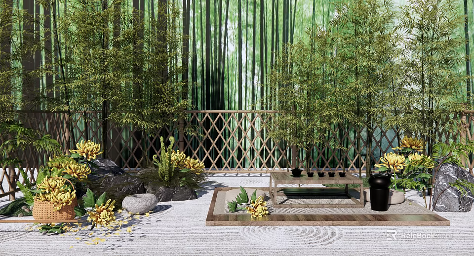 Zen Courtyard Garden with Bamboo Grove Lattice Fence Yellow Flowers and Raked Gravel 3d model 