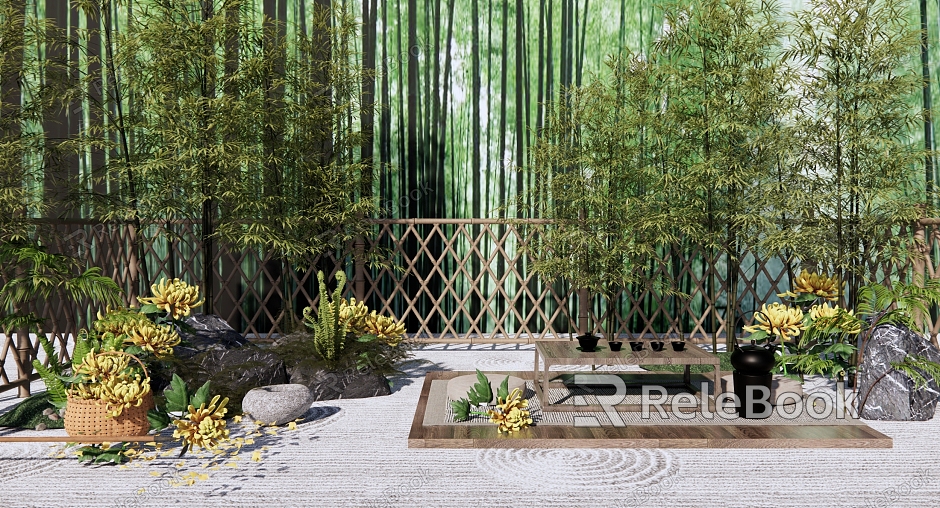 Japanese Courtyard Zen Courtyard Garden Bamboo Forest Garden Chrysanthemum Rest Platform Stove Tea Cooking Tea Table Tea Set Fence Garden model