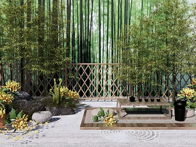 Zen Courtyard Garden with Bamboo Grove Lattice Fence Yellow Flowers and Raked Gravel 3d model