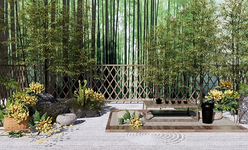 Japanese Courtyard Zen Courtyard Garden Bamboo Forest Garden Chrysanthemum Rest Platform Stove Tea Cooking Tea Table Tea Set Fence Garden 3d model