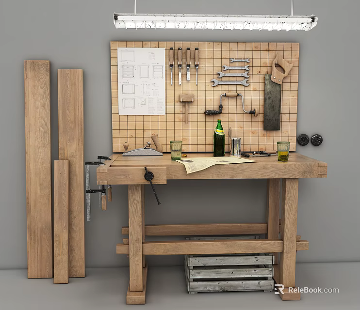 Functional Workbench with Tools on Wall Wooden Planks and Drawings on Tabletop 3d model 