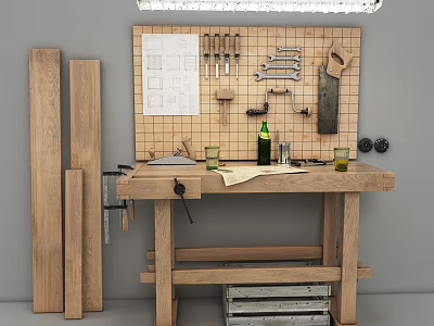 Functional Workbench with Tools on Wall Wooden Planks and Drawings on Tabletop 3d model