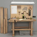 Functional Workbench with Tools on Wall Wooden Planks and Drawings on Tabletop 3d model