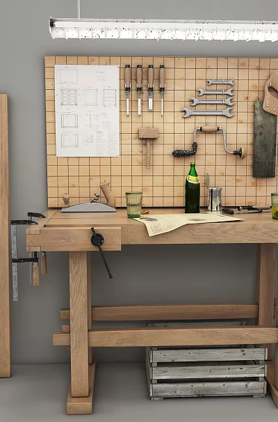 Functional Workbench with Tools on Wall Wooden Planks and Drawings on Tabletop 3d model