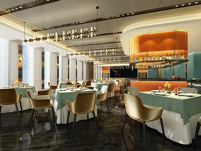 Modern Restaurant Interior Design With Gold Chairs Chandeliers Table Settings And Bar Counter 3d model
