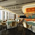 Modern Restaurant Interior Design With Gold Chairs Chandeliers Table Settings And Bar Counter