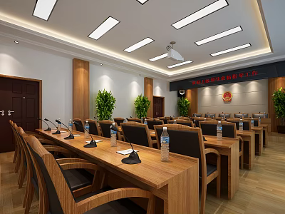 Spacious Modern Conference Room With Wooden Tables Chairs Water Bottles Microphones And Green Plants 3d model