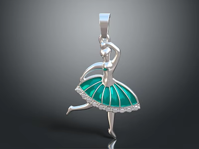 Ballerina Design Silver Pendant With Green Skirt And Diamond Accents Fashion Accessory 3d model