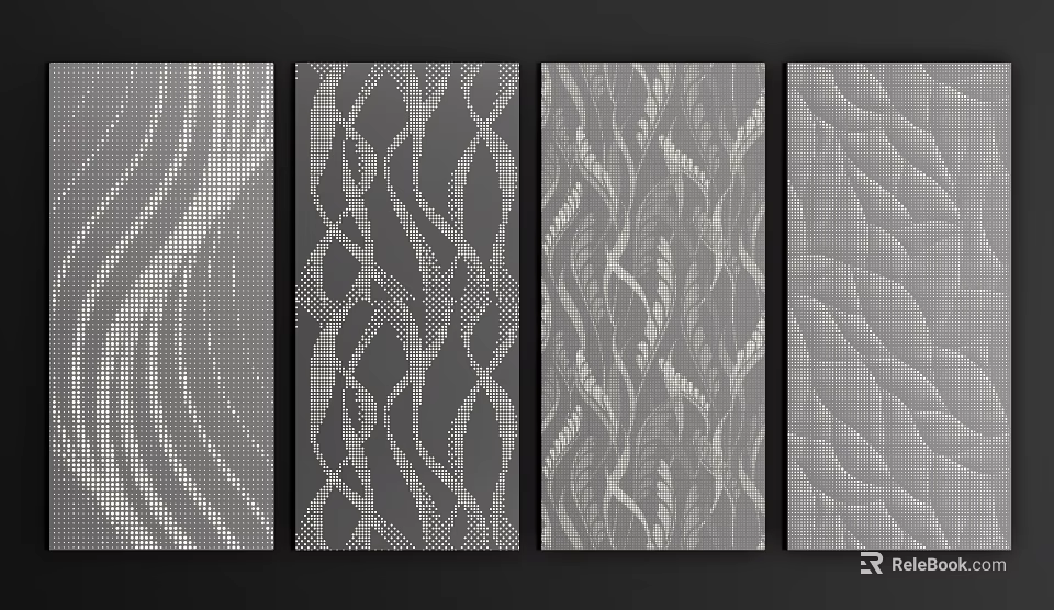 Gray Textured Decorative Panels With Wavy Lines And Interlaced Grid Patterns 3d model 