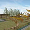 Scenic Rural Landscape With Vast Green Grassland Modern Wooden Pavilions Yellow Canopies And Blue Sky