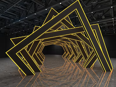 Modern Road Infrastructure With Geometric Black Frames Yellow Illuminated Lines And Reflective Surface 3d model
