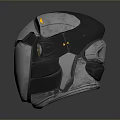 Futuristic Tactical Weapon Helmet With Silver Metal Armored Design Black Accents And Yellow Lights
