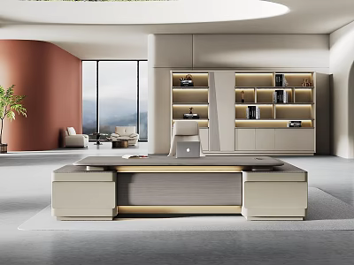 Modern Luxury Executive Office Interior With Spacious Desk Illuminated Bookcase And Comfortable Lounge Area 3d model