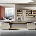 Modern Luxury Executive Office Interior With Spacious Desk Illuminated Bookcase And Comfortable Lounge Area