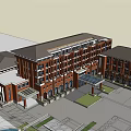 Red Brick Hotel Building With Multi story Structure Arched Windows And Front Pool 3d model