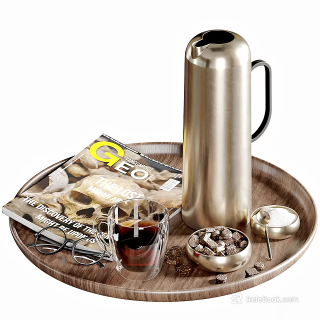 Stylish Tableware Set On Wooden Tray With Thermos Glass And Bowl 3d model 