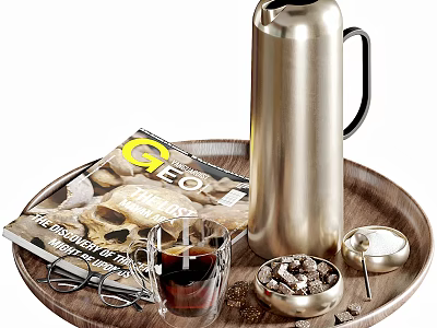 Stylish Tableware Set On Wooden Tray With Thermos Glass And Bowl 3d model