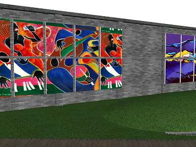 Multiple Colorful Abstract Paintings Displayed On Brick Wall With Vibrant Shapes 3d model