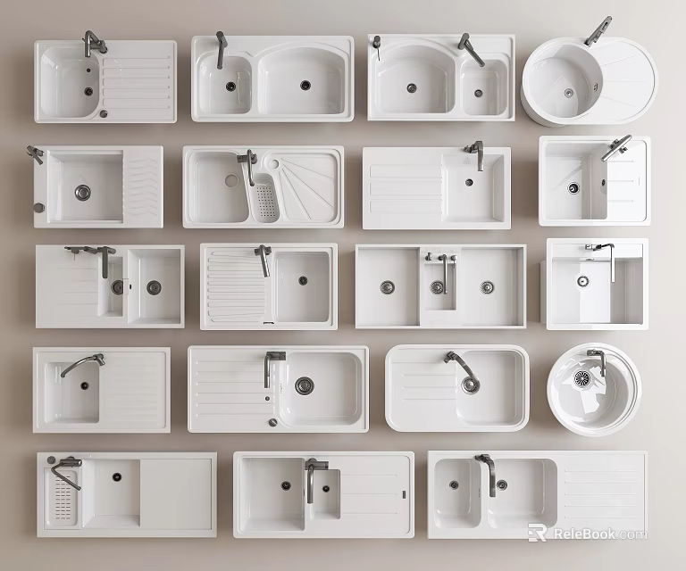 Collection Of Various Ceramic Washbasins With Different Shapes And Faucet Designs 3d model 