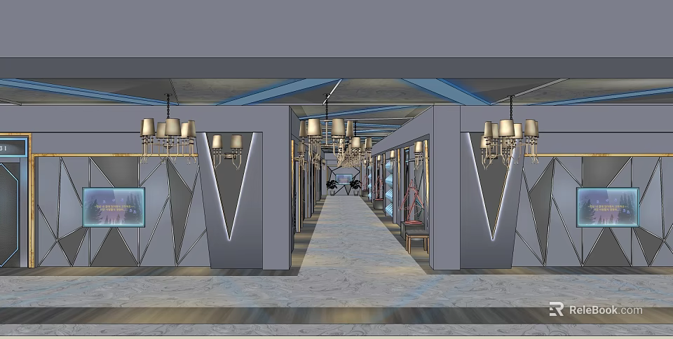 Elegant KTV Corridor Interior With Chandeliers Geometric Wall Decor And Marble Floor 3d model 