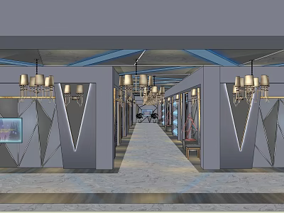 Elegant KTV Corridor Interior With Chandeliers Geometric Wall Decor And Marble Floor 3d model