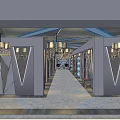 Elegant KTV Corridor Interior With Chandeliers Geometric Wall Decor And Marble Floor
