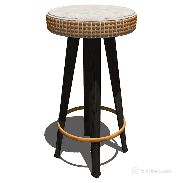 Modern Woven Seat Bar Stool With Black Wooden Legs And Orange Ring Footrest 3d model 