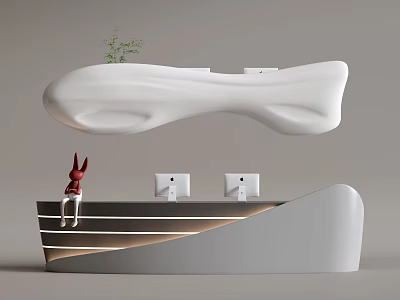 Elegant Modern Streamlined White Reception Desk With Wooden Accents Green Plant And Computer Monitors 3d model