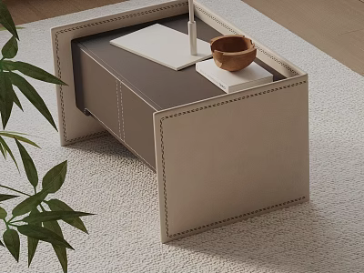 Modern Beige Leather Bedside Table With Stitching Details Wooden Tray Small Bowl And Green Plant 3d model