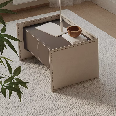 Modern Beige Leather Bedside Table With Stitching Details Wooden Tray Small Bowl And Green Plant 3d model