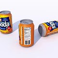 Three Mountain Soda Cans with Orange Design in Different Positions on White Background
